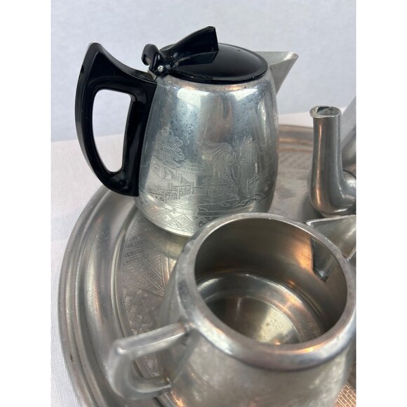 Vintage Swan Brand Willoware Aluminum Tea Set Tray Asian Landscape - Picture 3 of 12